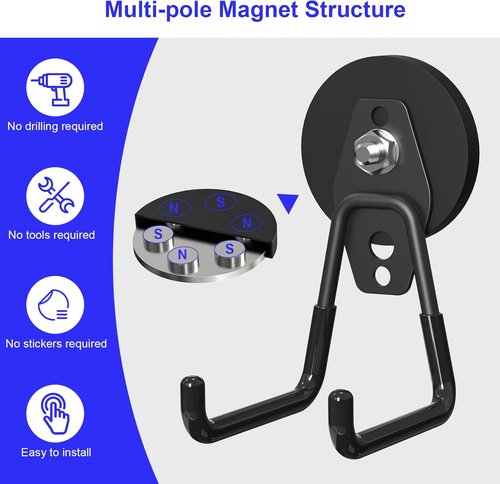 Skiennix Heavy Duty Magnetic Utility Hooks - Anti-Slip Coating for Garage & Storage | 3PCS, 2.59'' Black