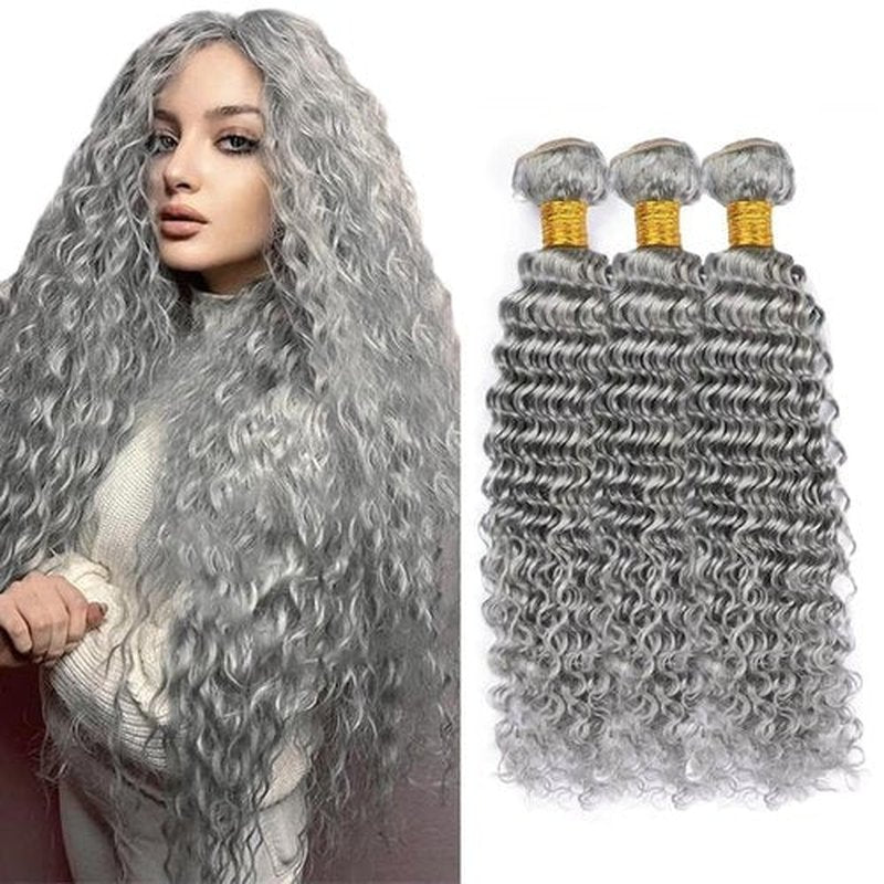 Condescension Brazilian Human Hair Bundles Sliver Grey 18 20 22 Inch Deep Wave 3 Bundles Human Hair 100% Unprocessed Remy Brazilian Virgin Weave Hair Grey for Women