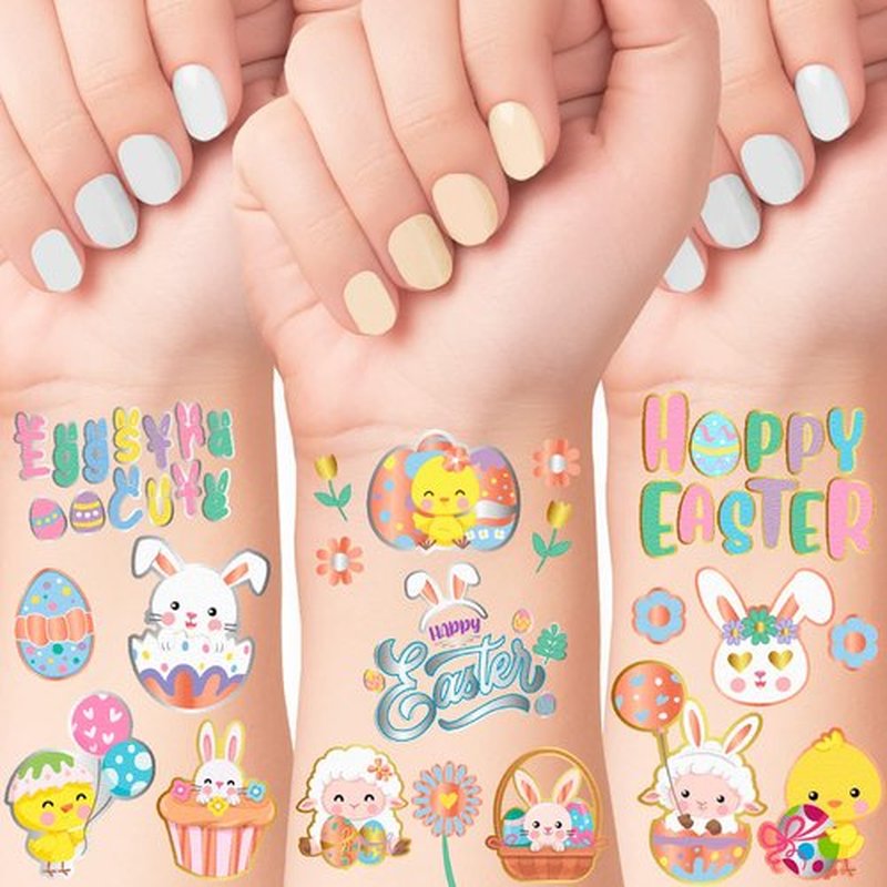 Easter Temporary Tattoos for Kids 100 Metallic Easter Tatoos, Easter Trinkets Non Candy Easter Egg Fillers Stuffers Bulk Giveaways Easter Basket Religious Goodie Bags Toys, Class Prize Party Favors