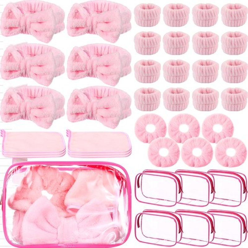 Hoteam 36 Pieces Galentines Spa Party Supplies for Girls Sleepover Party Supplies 6 Spa Headband 6 Wristband 6 Velvet Scrunchies 6 Makeup Remover Cloth 6 Clear Cosmetic Bags for Skincare
