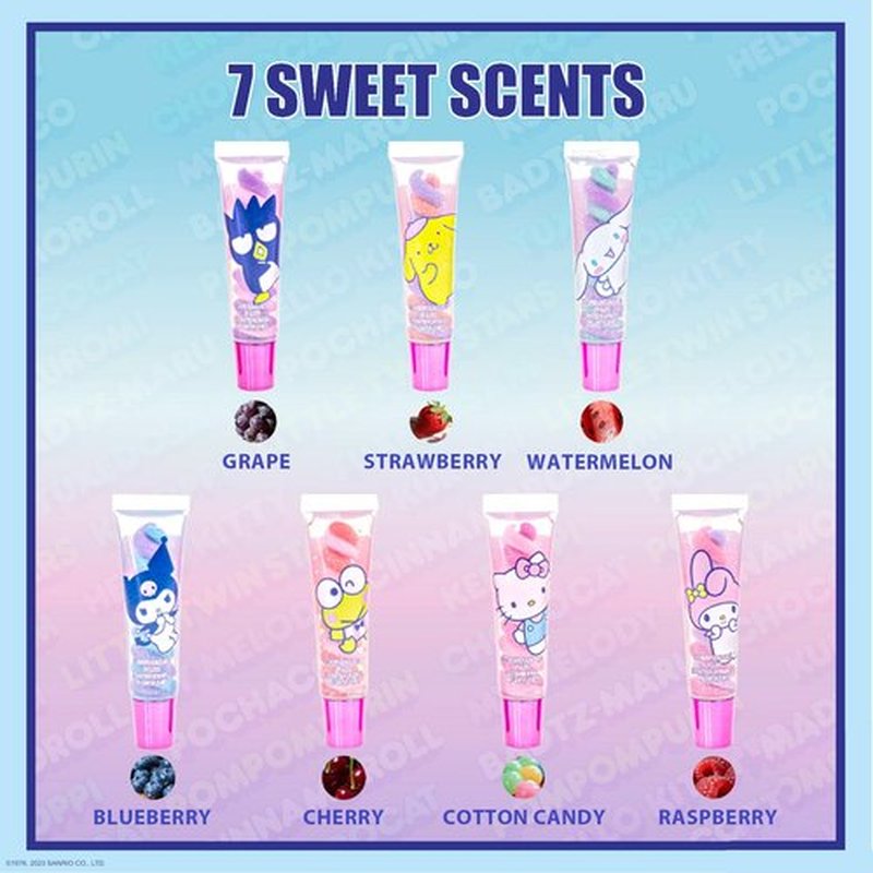 Townley Girl Hello Kitty and Friends 7 Piece Swirl Lip Gloss, Girls Kids Party Favors, Lip Set for Girls, Perfect for Birthday Gifts, Plant Based, Ages 3