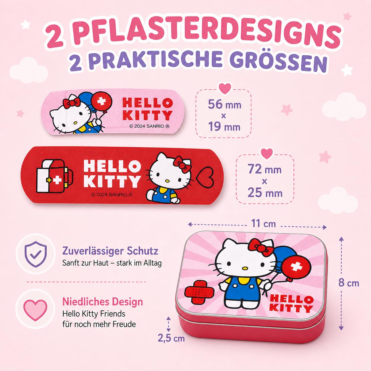 Hello Kitty Pink Kids Bandages – Licensed Metal Tin – 24 Colorful Plasters with Cute Design – Ideal for Backpack, Travel or Purse – First Aid Fun for Children – 1 Pack