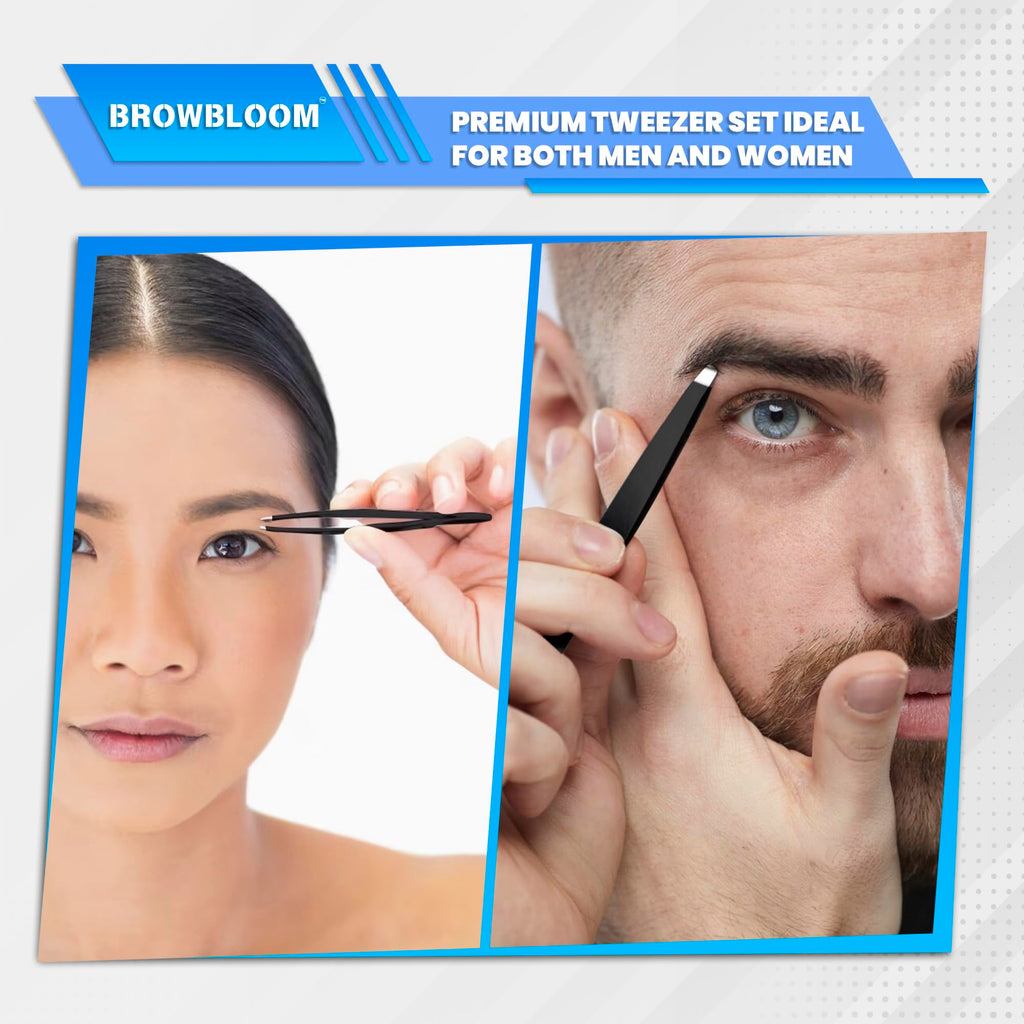 BROWBLOOM 4Piece Set of Professional Tweezers for Women Facial Hair, Black Stainless Steel Precision Tweezer for Ingrown Hair, Eyebrow Tweezers for Men Comes in Carrying Pouch (Black Set)