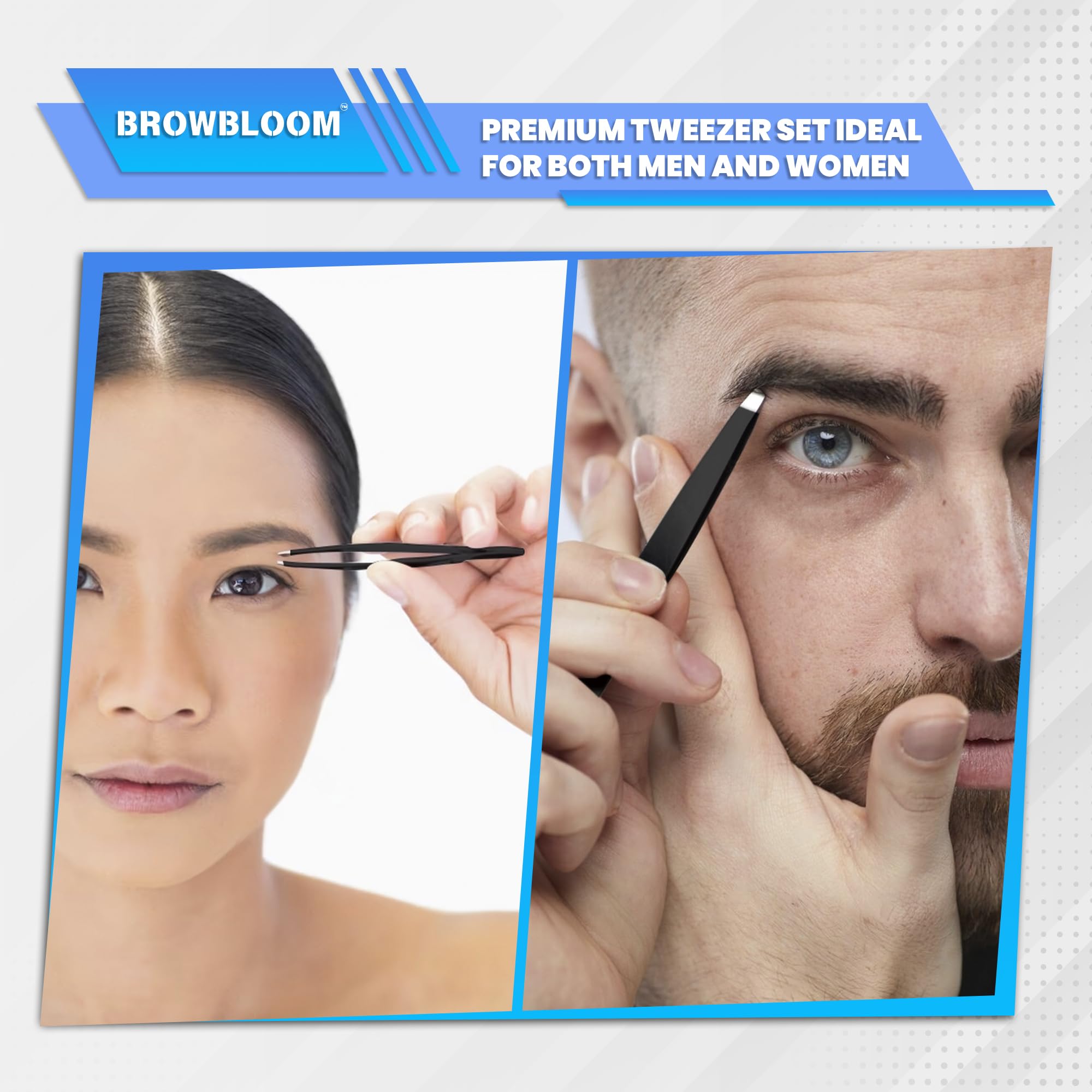 BROWBLOOM 4Piece Set of Professional Tweezers for Women Facial Hair, Black Stainless Steel Precision Tweezer for Ingrown Hair, Eyebrow Tweezers for Men Comes in Carrying Pouch (Black Set)