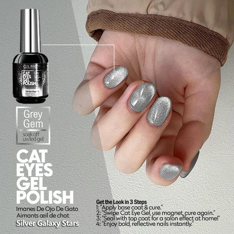 GELPARTY 2x15ml 9D Cat Eye Gel Polish Set – Magnetic Silver & Grey Diamond UV/LED Soak-Off Nail Gel, Multi-Dimensional Galaxy Effect, Long-Lasting, HEMA-Free Nail Polish for Salon & DIY Art
