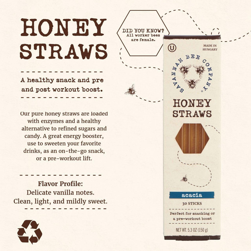 Savannah Bee Company Honey Straws - Pure and All Natural Honey Straw Sticks Made in the USA