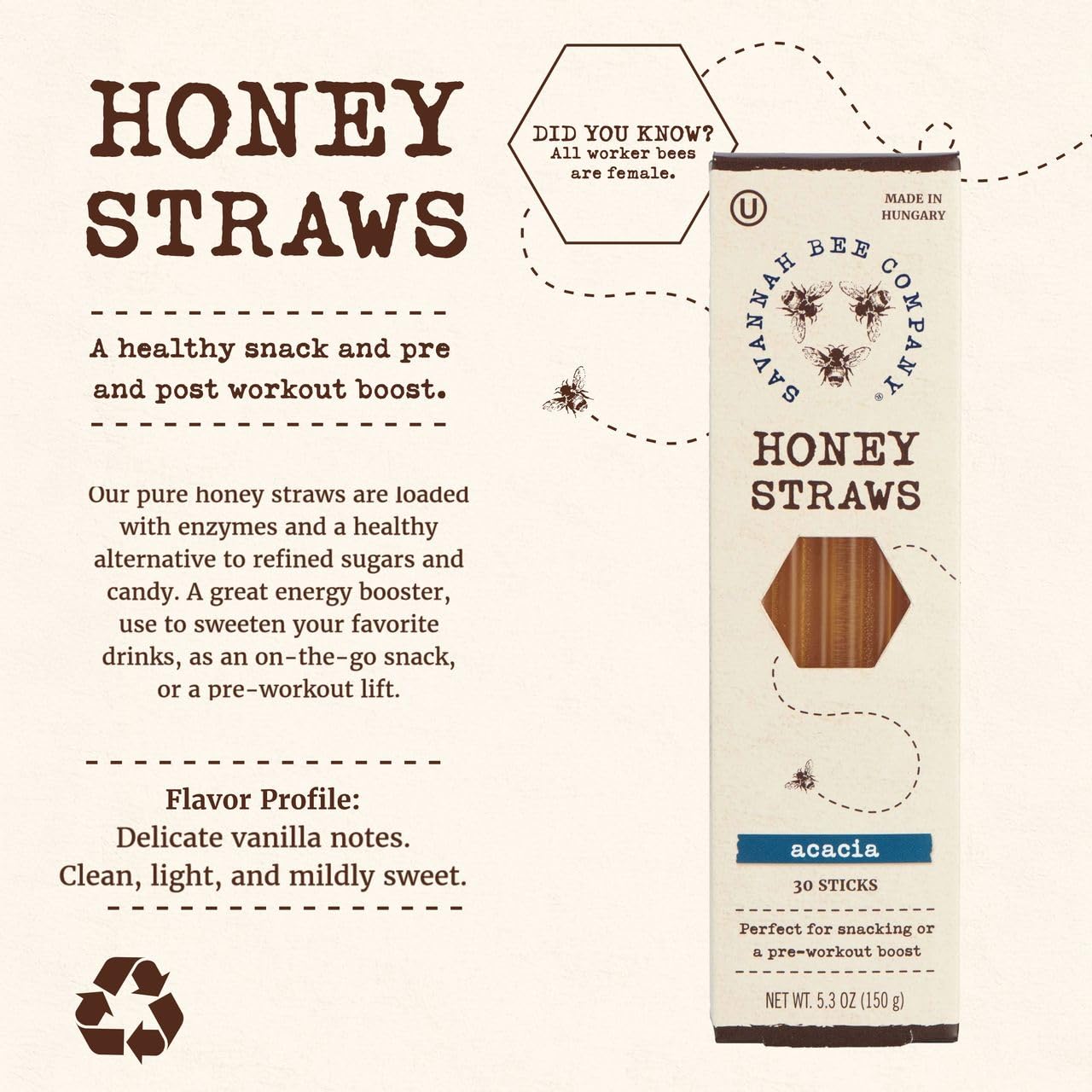 Savannah Bee Company Honey Straws - Pure and All Natural Honey Straw Sticks Made in the USA