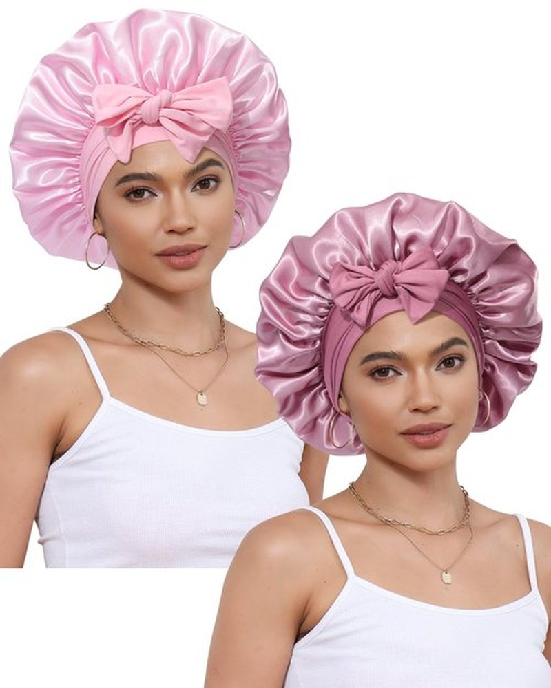 2 PCS Satin Bonnet Hair Bonnet for Sleeping Women Satin Hair Wrap with Elastic Tie Band Sleep Night Cap for Curly Hair (Bean Paste+Pink)