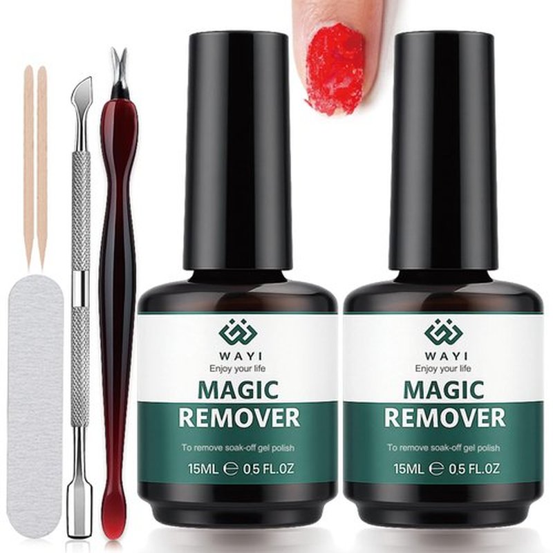 Gel Nail Polish Remover Kit - 2 Bottles Fast Gel Polish Remover with Cuticle Pusher, Dead Skin Fork, Nail File & Wooden Sticks, No Foil Needed, Quick Soak Off UV Gel Base & Top Coat Remover by Wayi