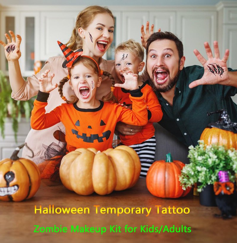 YUERWOVER Face Body Horror Realistic Fake Scar Scab Waterproof Temporary Tattoos Sticker Halloween Fool's Day Zombie Masquerade Prank Makeup Props for Kids Adult Fun (8 Sheets)