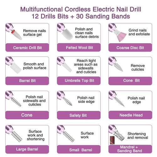 Electric Cordless Nail Drill File: LED Display Professional Portable Nail Drill for Acrylic Gel Dip Powder Nails Manicure Pedicure Kit Tool with Nail Drill Bits Sanding Bands, Purple