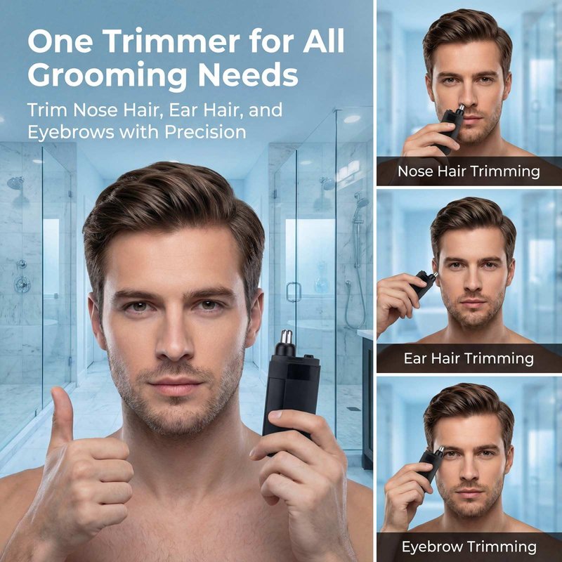Sufisat Nose and Ear Hair Trimmer for Men and Women, Type-C Rechargeable Nose Trimmer with Rounded Tip, Dual-Edge Stainless Steel Blades, Rinseable Head, 3W 6000 RPM