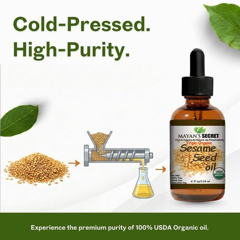 Mayan’s Secret Organic Sesame Oil - Cold Pressed, Unrefined, Hexane-Free and Organic Sesame Seed Oil for Skin, Body, Face & Hair – 100% Pure - Amber Glass Bottle, 4 fl. oz. - USDA Certified