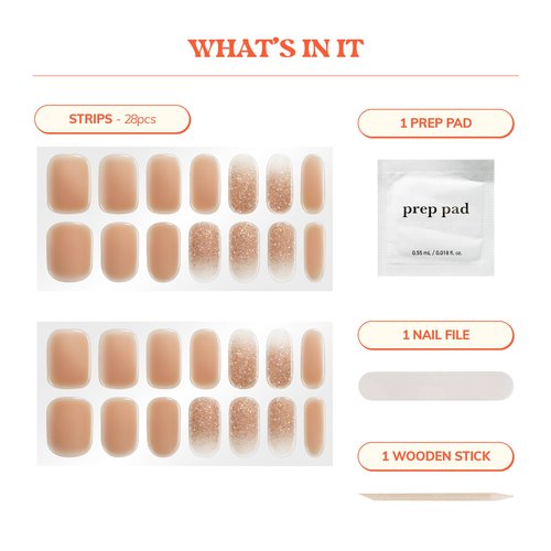 Heyhae Semi Cured Gel Nail Strips | No LED Lamp Needed | Gold, Sparkle | Easy Apply & Remove, Salon Quality | Includes 28 Strips, 1 Prep Pads, Nail File & Wooden stick - Hey, Silent Night Sparkle