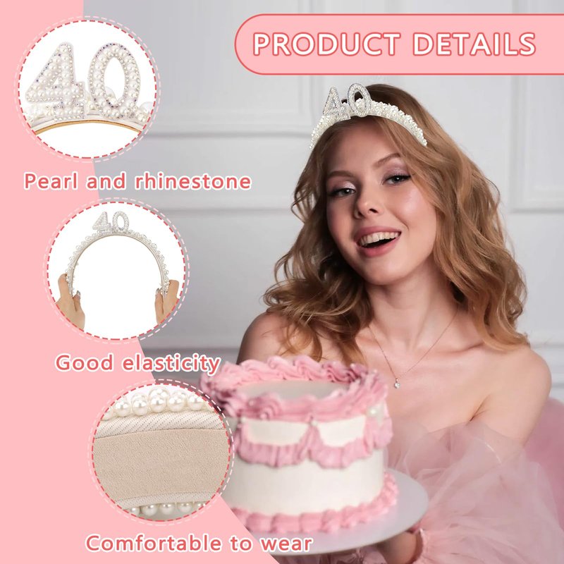 Vovii 40th Birthday Headband for Women, 40th Birthday Crown for 40th Birthday Outfit Dress for Women, Birthday Headband with Pearl for 40th Birthday Decorations, Happy 40th Birthday Decorations