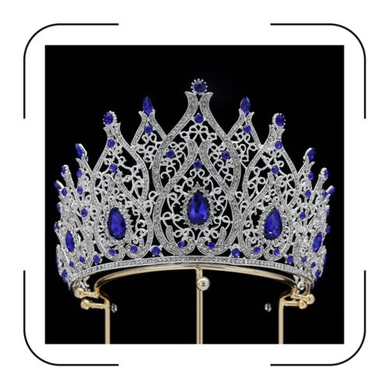 Royal Blue Baroque Crown for Women - Large Wedding Tiara for Bride, Birthday, Prom, Princess, Quince, Pageant, Bridal Headpiece