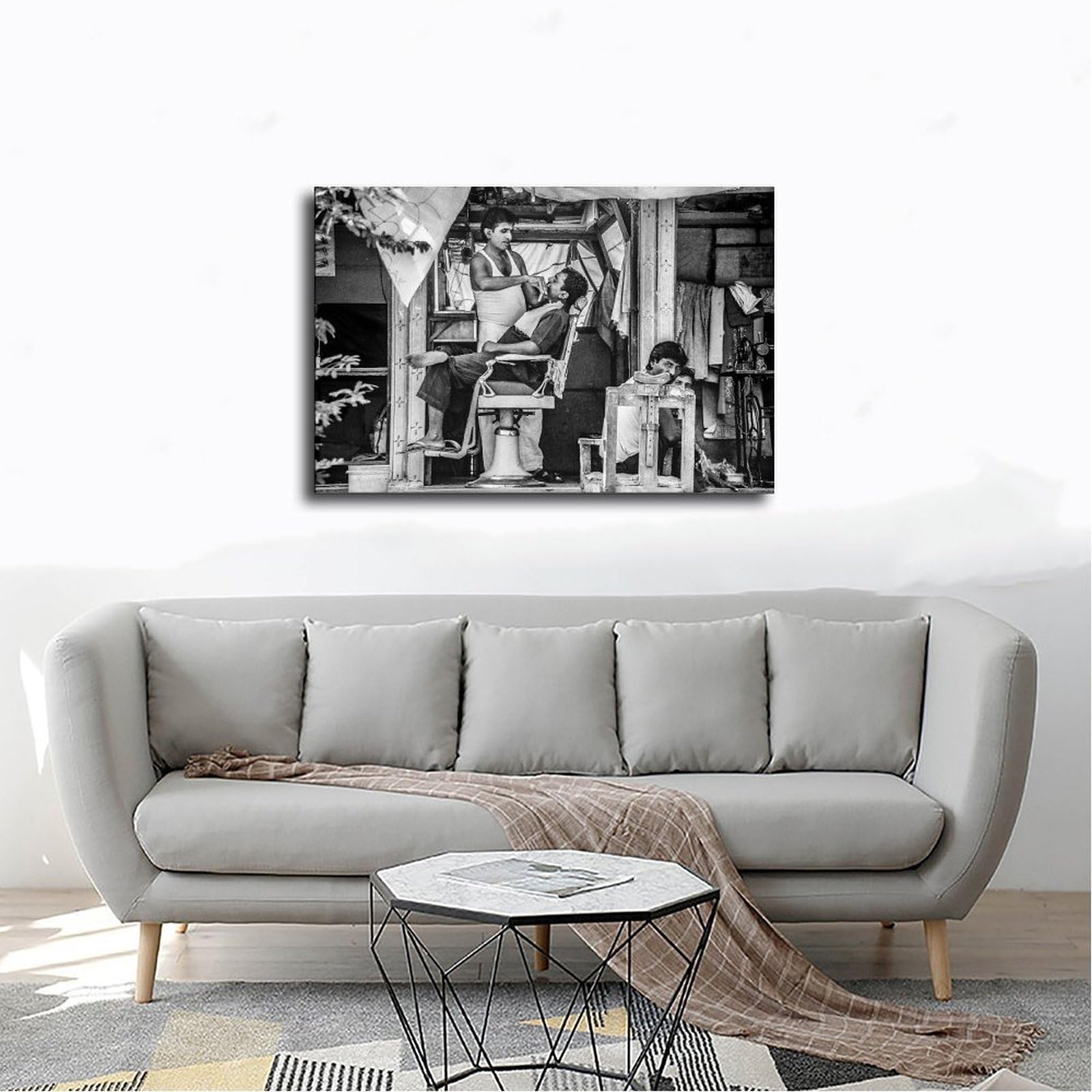 Vintage Monochrome Street Barber Barber Shop Black And White Photo Classic Posters Prints Wall Art Home Decor Canvas Painting Suitable for Bedroom Living 12x08inch(30x20cm) Unframe-style