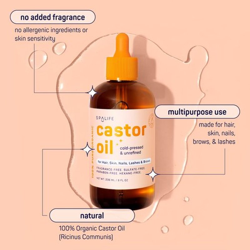 SpaLife Organic Cold Pressed Castor Oil for Face, Brows, Hair, Skin, Nails, & Lashes | Hexane Free Cold Pressed Castor Oil & 2x Brow Brushes, 2x Lash Line Applicators, and Dropper | 8 FL OZ