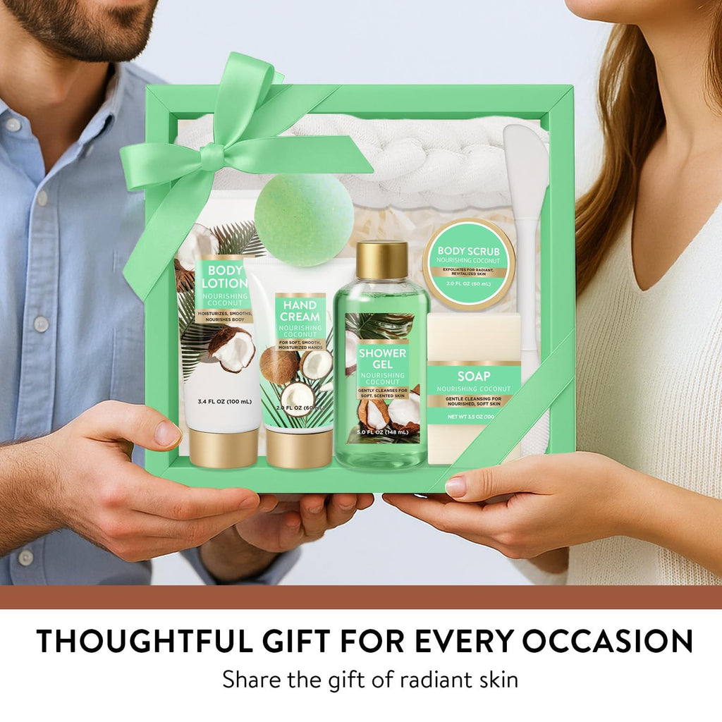 Spa Gift for Women, 8 Piece Luxury Coconut Bath Set with Bubble Bath & Bath Bombs Body Scrub Lotion Hand Cream, Bath Sets for Women Gift, Anniversary Present Birthday Gifts