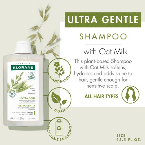Klorane Ultra-Gentle Shampoo with Oat Milk - Sulfate-Free & Hypoallergenic - Vegan Formula - 13.5 fl. oz.