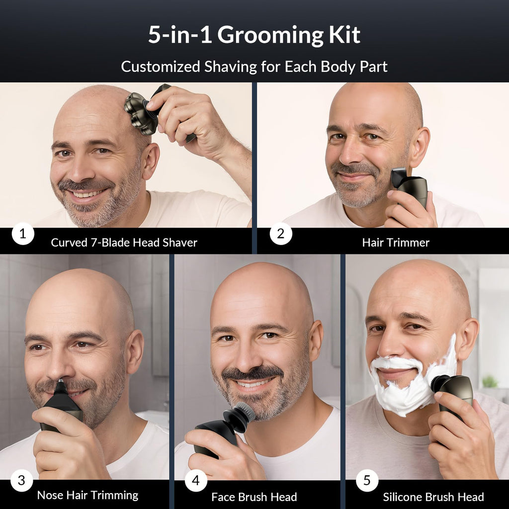 HiBig Head Shavers for Bald Men - 7D Arc Magnetic Detachable Electric Razor, Waterproof Wet Dry 5-in-1 Electric Shaving & Grooming Kit, LED Display Rechargeable Head & Body Hair Shaver, Dark Black