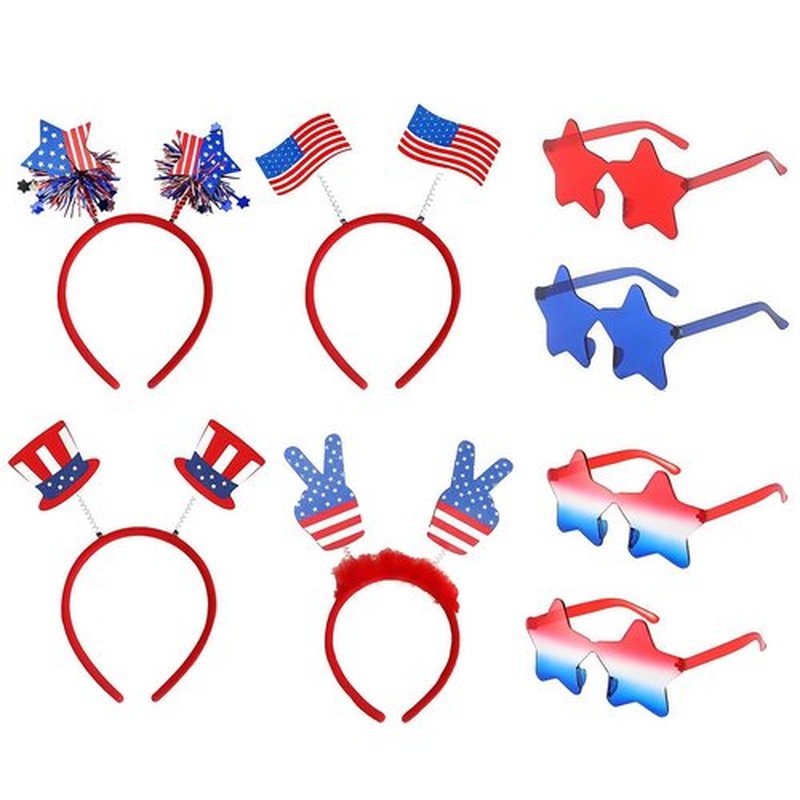 BBPOOL 8pcs 4th of July Headband Star Sunglasses Red White Blue Memorial Day Patriotic Accessories for Independence Day Party Supplies