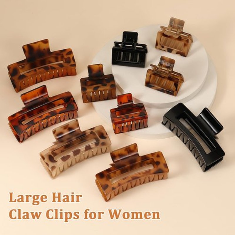 10 Pack Square Claw Clips, Big and Small Rectangle Hair Claw Clips, Non-slip Matte Large Hair Clips for Women, Strong Hold Claw Clips for Thick Thin Hair Accessories (Leopard Print Color)
