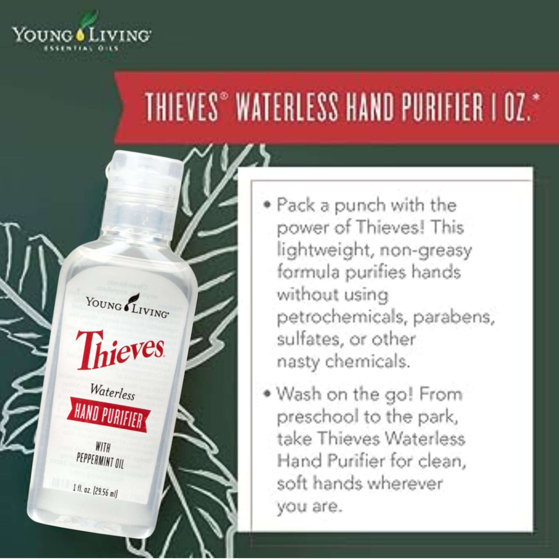 Young Living Thieves Waterless Hand Purifier with Peppermint Oil - Effective cleanser for the Whole Family - Promotes Good Hygiene with Soft Hands - 1oz x 6 Pack