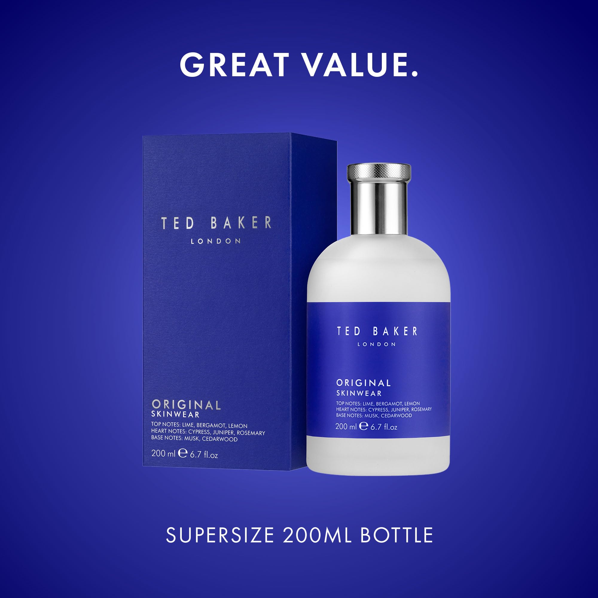 Ted Baker Skinwear EDT, woody masculine fragrance, zesty lime, bergamont and lemon top notes with sandalwood, amber and cedar base notes, 6.76 fl oz