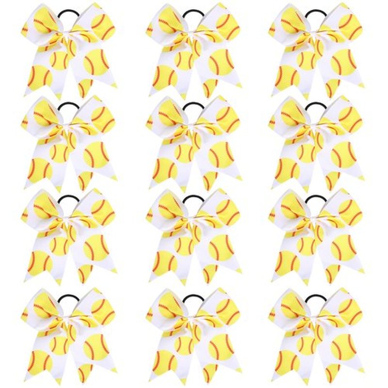12 PCS Softball Baseball Cheer Bows, Sparkly Rugby Hair Bows with Elastic Hair Ties Accessories for Teens Girls Women Cheerleading Softball Competition Sports (Yellow Softball)