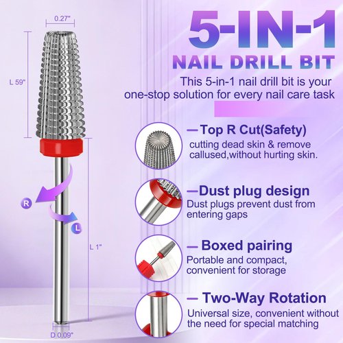 FANTEXY 3/32" Carbide Nail Drill Bits - 5 in 1 Cuticle Drill Bits for Nails, Gel Remover Drills Bit, Professional Nails File Bits for Old Skin and Nails, Manicure Pedicure Gel Polishing (Fine - F)