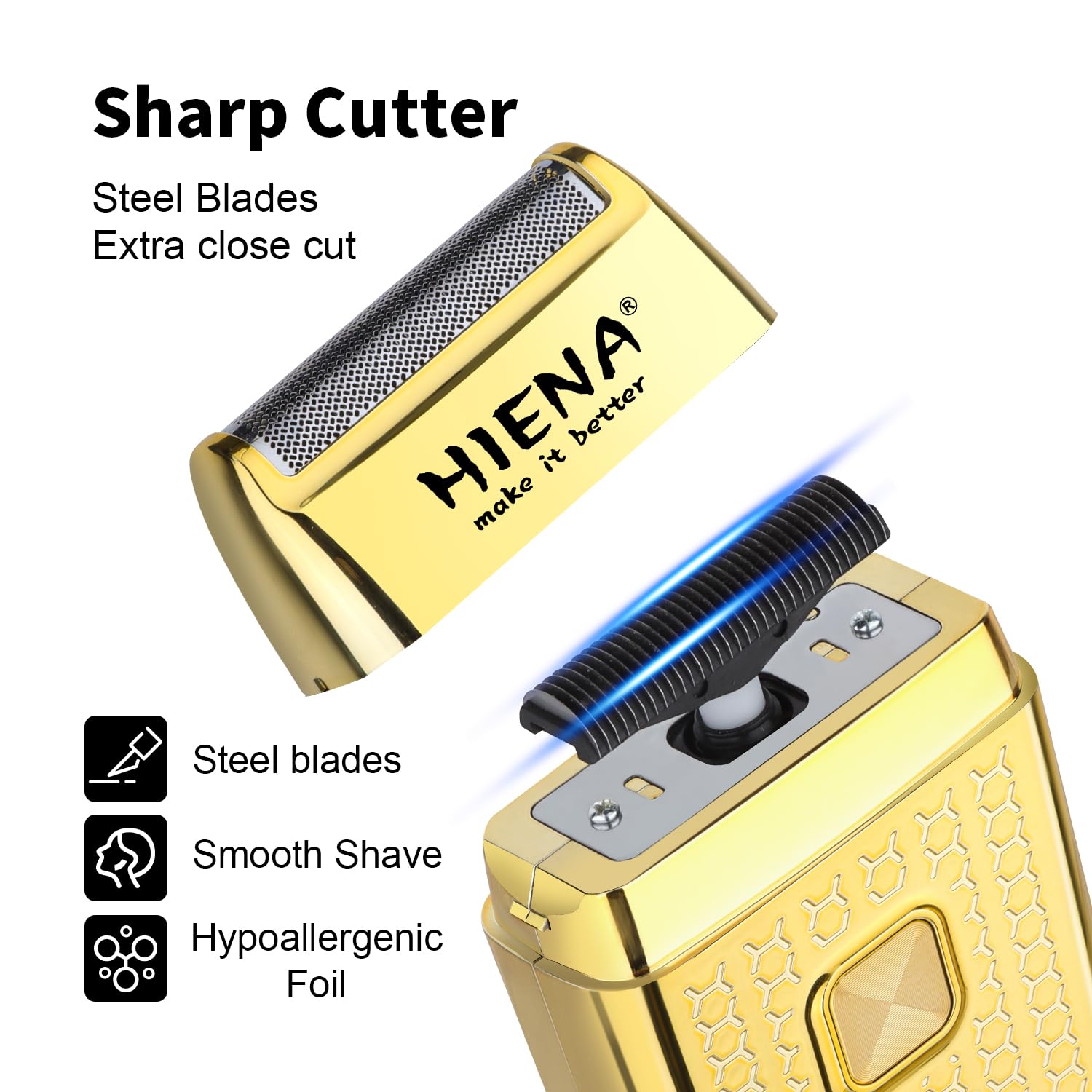 HIENA PRO Professional Reciprocating Electric Shaver for Men, Cordless Bald Head Precision Trimmer & Beard Trimmer, Foil Shaving and Men's Facial Grooming Tool with LED, Gifts for Men(Gold)
