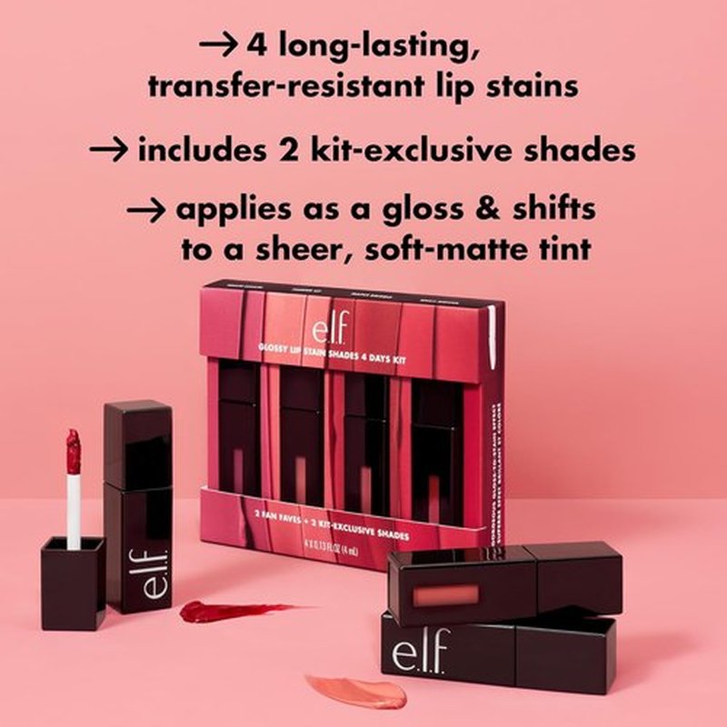 e.l.f. Glossy Lip Stain Kit - Long-Lasting Sheer Color & Gloss Finish | Vegan, Cruelty-Free, 4 Shades