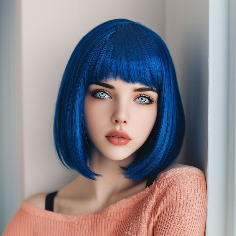 VCAY Bob Wig, 12 Inch Short Blue Bob Wig with Bangs,Straight Cosplay Wig,Heat Resistant,Adjustable Straps Wigs for Women Girl with Wig Cap