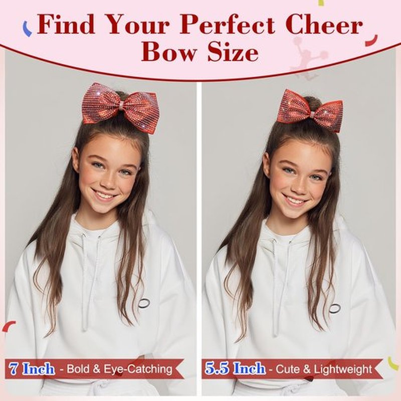DEEKA 6 PCS Red Glitter Tailless Cheer Bows Large 6.5" Rhinestones Competition Hair Bow Elastic Band for Cheerleading Cheerleaders Girls (Glitter Red)