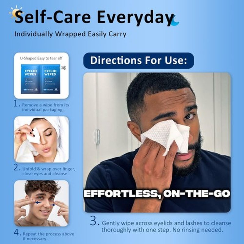 30PCS Eyelid & Lash Wipes for Itchy & Dry Eyes, Tea Tree Oil Eyelid Wipes for Styes & Blepharitis, Daily Eye Cleansing Cloths, Hypoallergenic & Soothing For Sensitive Eyes, Stay Hydrated Lid Wipe