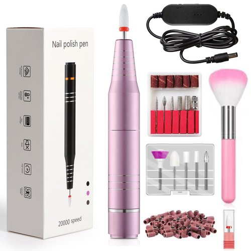 QPVZX Electric Nail Drill, Ultra-Quiet Low Vibration Electric Nail File, Portable Electric Nail File for Crystal Gel Nails, Manicure and Pedicure Tools Polishing Set for Home and Salon Use (Pink Set)