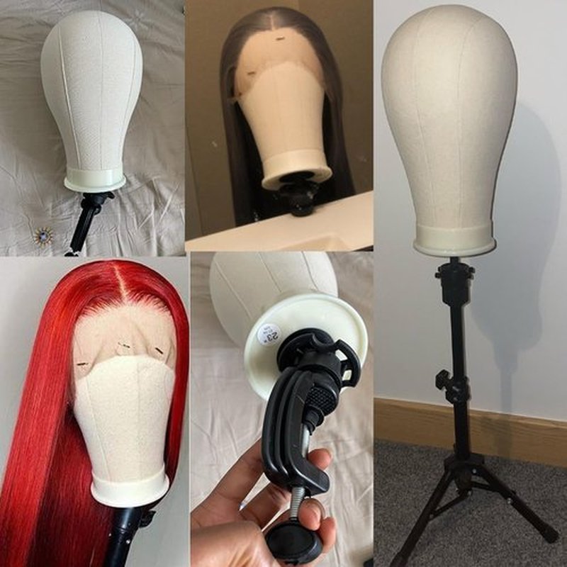 koskusder 22 Inch Canvas Wig Head with Stand Cork Canvas Mannequin Head with Wig Head Stand Manikin Head Block Set for Wigs Trimming Making Display with T Pins Set (Pink)