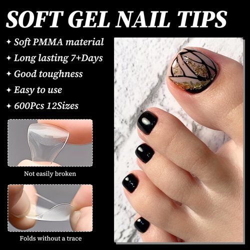 LuckForever 600pc French Tips Toenail Tips Short Square Clear Fake Toenails Soft Gel Toe Nail Tips French False Toes Nail Half Artificial Toenail Tip for Gel Acrylic Toes Nails Extension