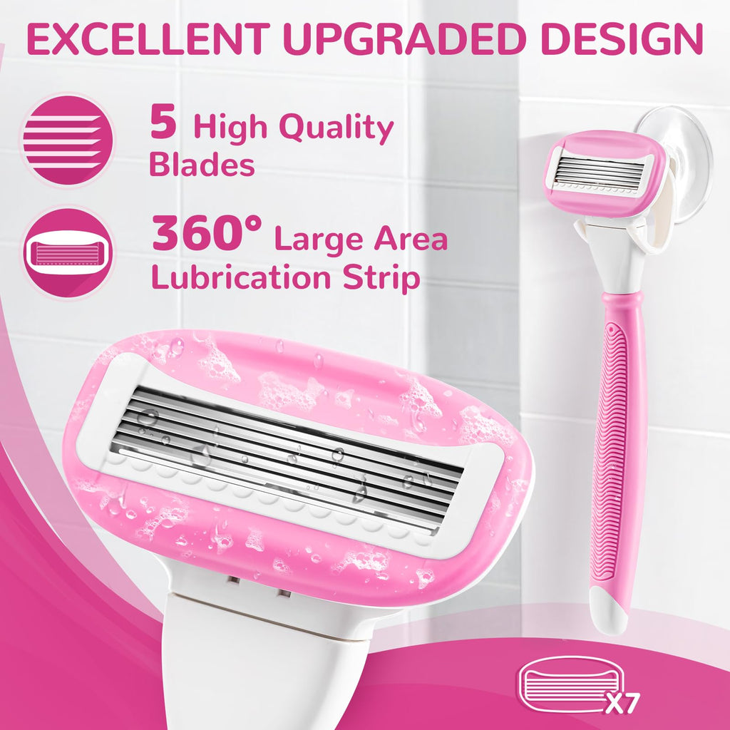 Razors for Women Include 1 Handle and 7 Cartridges, Disposable Razor with 360° Lubrication Reduces Irritation, Pink
