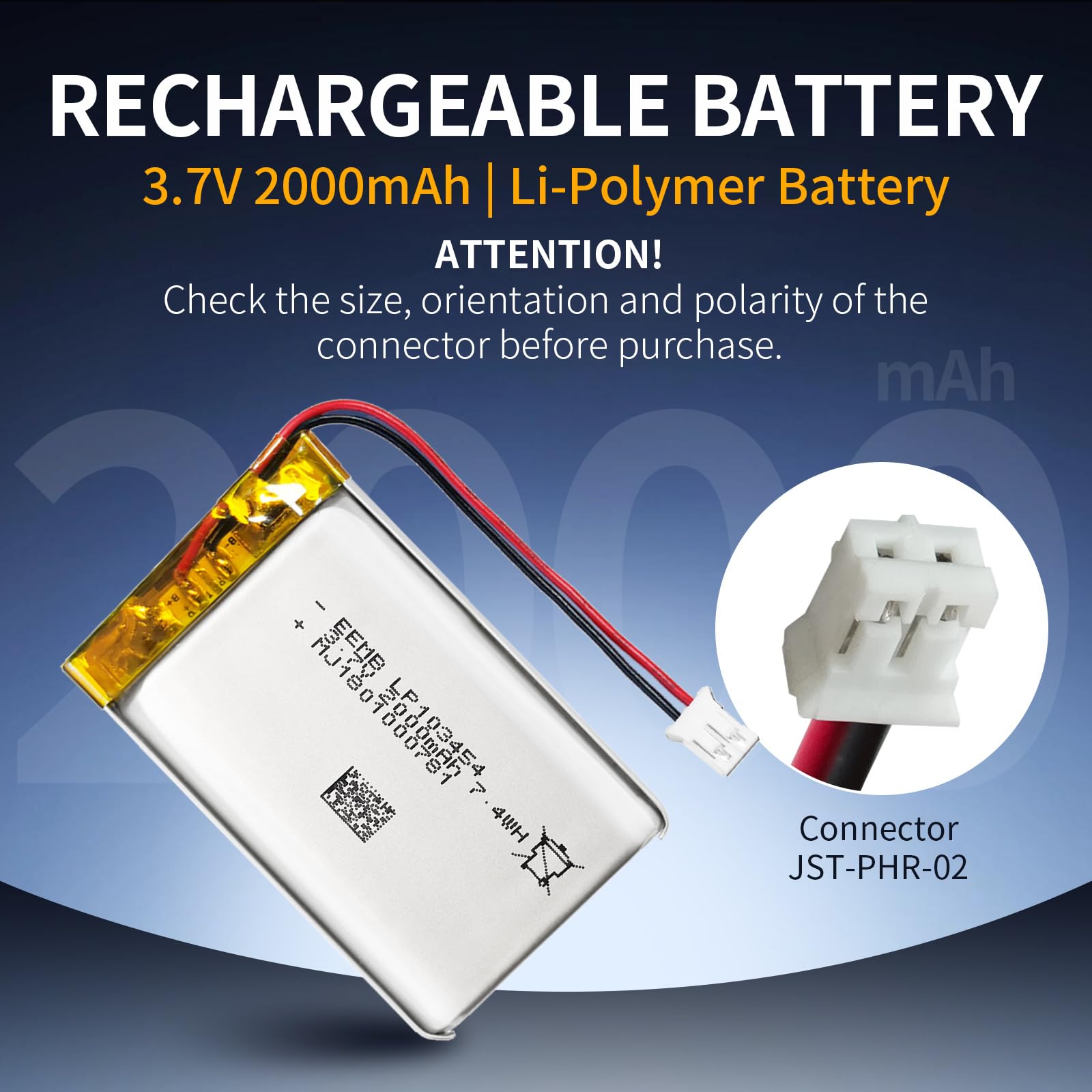 EEMB 3.7V 103454 2000mAh Lipo Battery Rechargeable JST 2.0mm 1-Pack