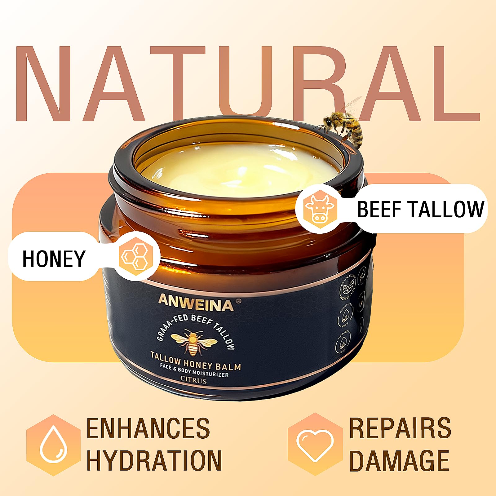 Loobexery Organic Grass-Fed Tallow Honey Balm, Beef-Tallow for Skin Whipped Beef Tallow and HoneyBalm with Raw Honey - Natural Beef Tallow Face Moisturizer for Body & Face (2 Oz)