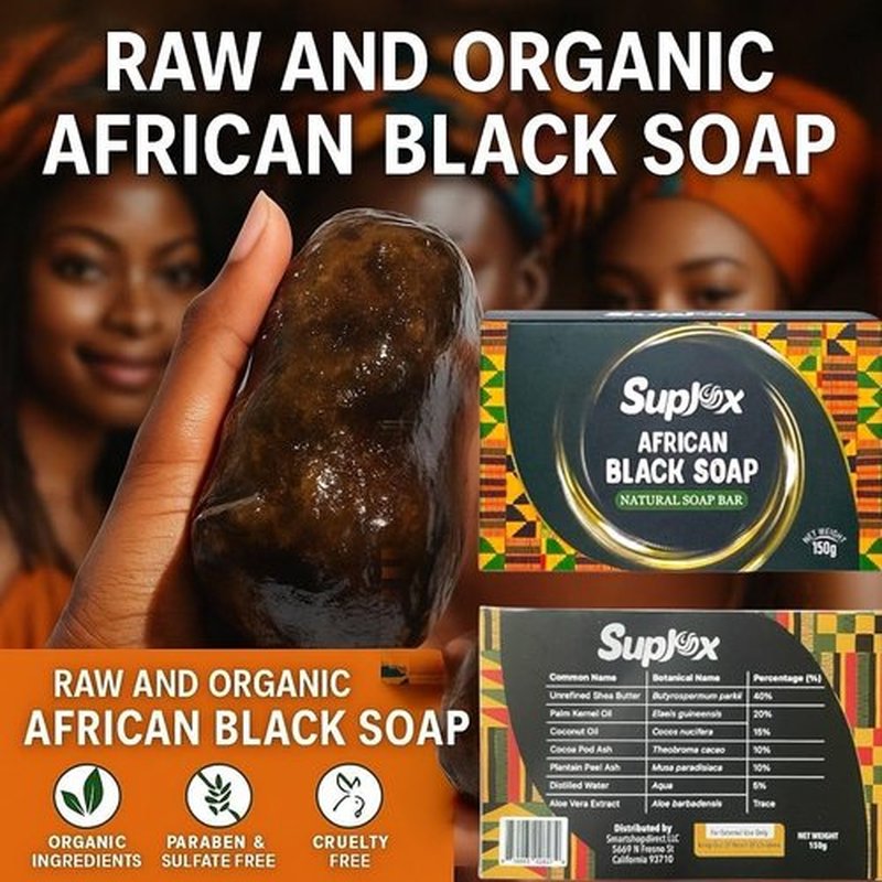 Suplox African Black Soap Bar – African Soap for oily Skin, Ghana Black Face & Body Wash | Face and Body moisturizing cleanser 1 Count.