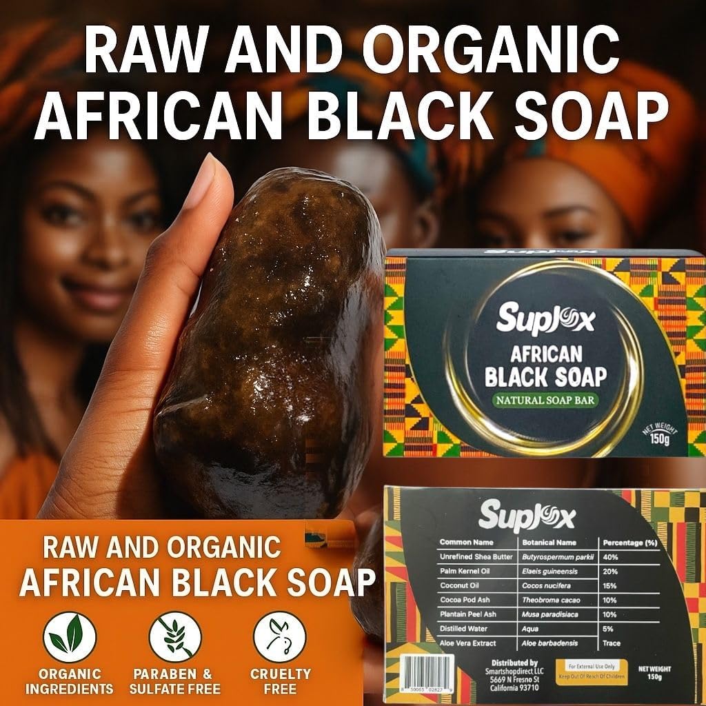 Suplox African Black Soap Bar – African Soap for oily Skin, Ghana Black Face & Body Wash | Face and Body moisturizing cleanser 1 Count.
