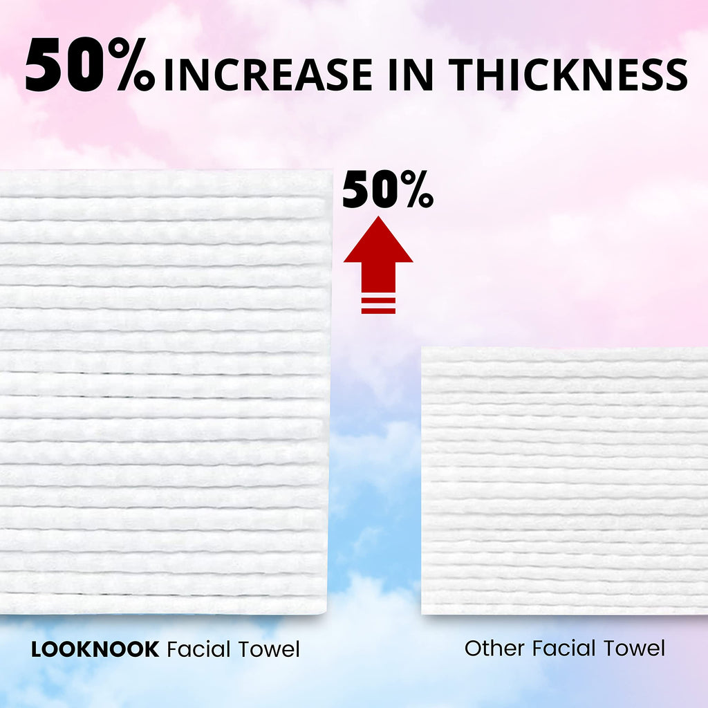 LOOKNOOK Disposable Face Towel, Facial Towel 50% Thicker than Others, Acne Fighting Lint Free Face Wash Cloth, Makeup Towel, Super Soft for Sensitive Skin, Multipurpose Cleaning Cloth, 70 Count