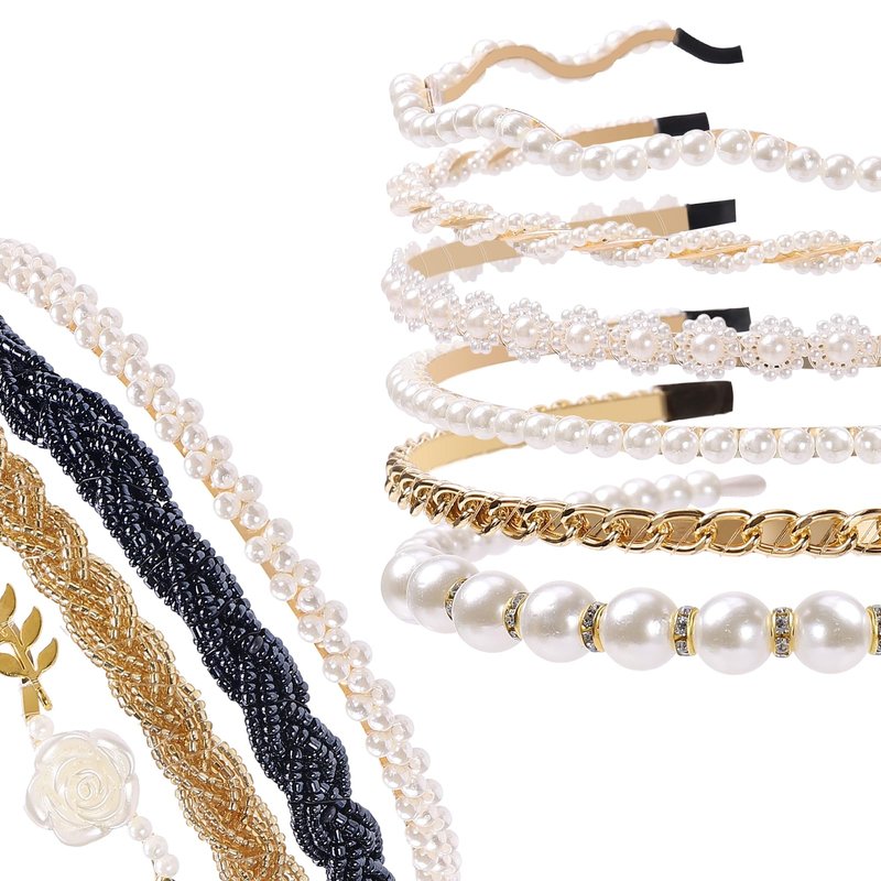Zifengcer Pearl and Metal Headbands - Beaded No Slip Hair Accessories for Women and Girls, 10 Pack