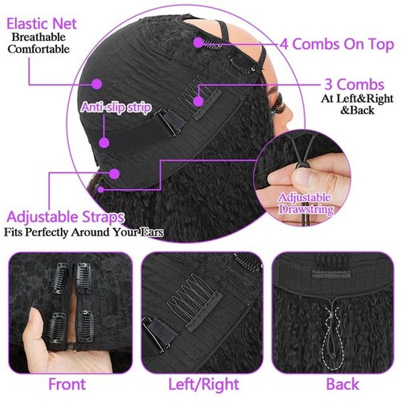 Fuduete 18 Inch Kinky Straight U Part Human Hair Wig With Drawstring for Black Women 220% Density Glueless Yaki Straight U Part Human Hair Wigs No Sew in No Glue Natural Color