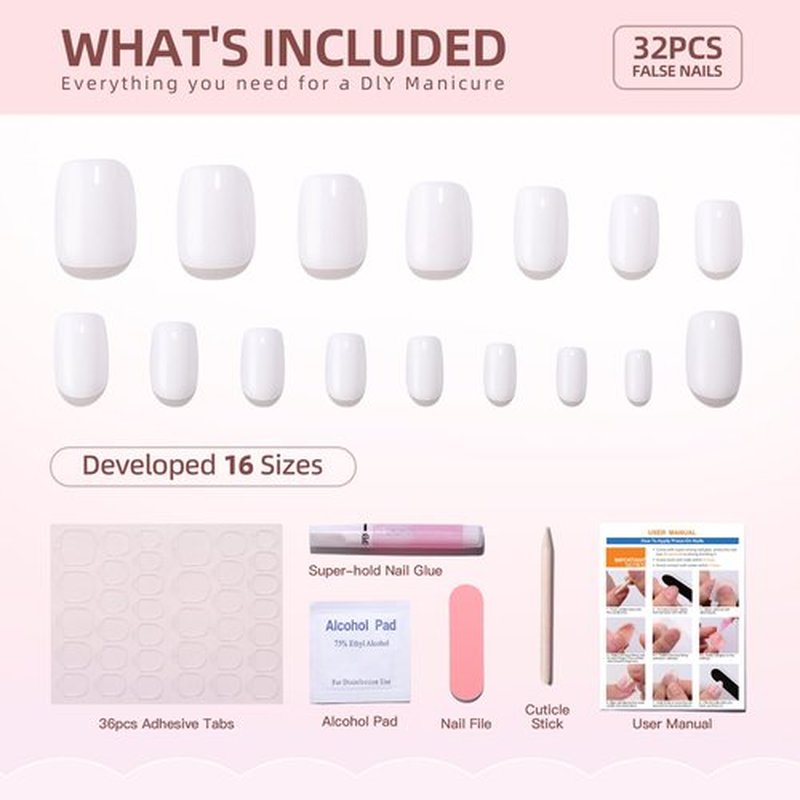 Hrnsnails White Press On Nails, Short Square Glue On Nails with Glossy Designs, Reusable Soft Gel False Nails