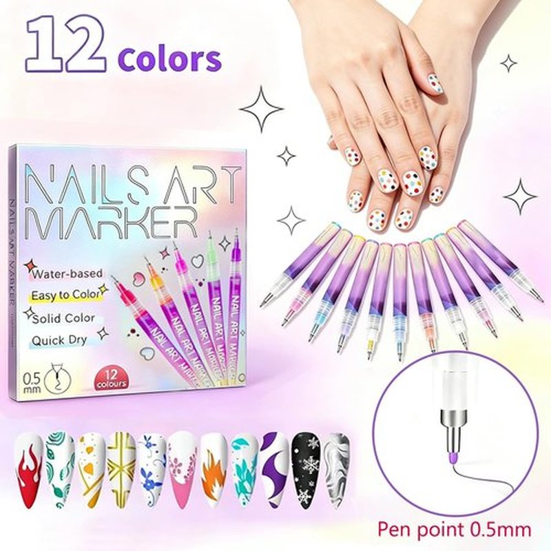 12 Colors Nail Art Pens, Nail Art Markers for 3D Drawing, Quickly Dry Nail Polish Pens for Home Salon Use (1 Set)