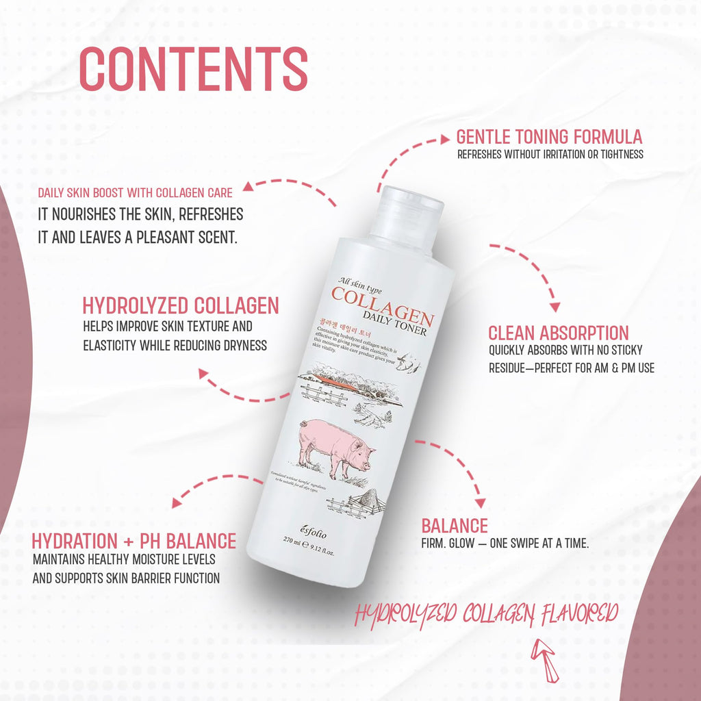 Esfolio Collagen Daily Toner – Hydrating & Firming Facial Toner with Hydrolyzed Collagen, Moisturizing & Soothing Skincare for All Skin Types, Anti-Aging & pH Balancing Korean Beauty (9.12OZ/270ML)